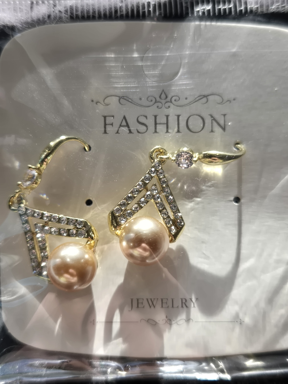 Gold Pearl Drop Earrings with Crystal Accents